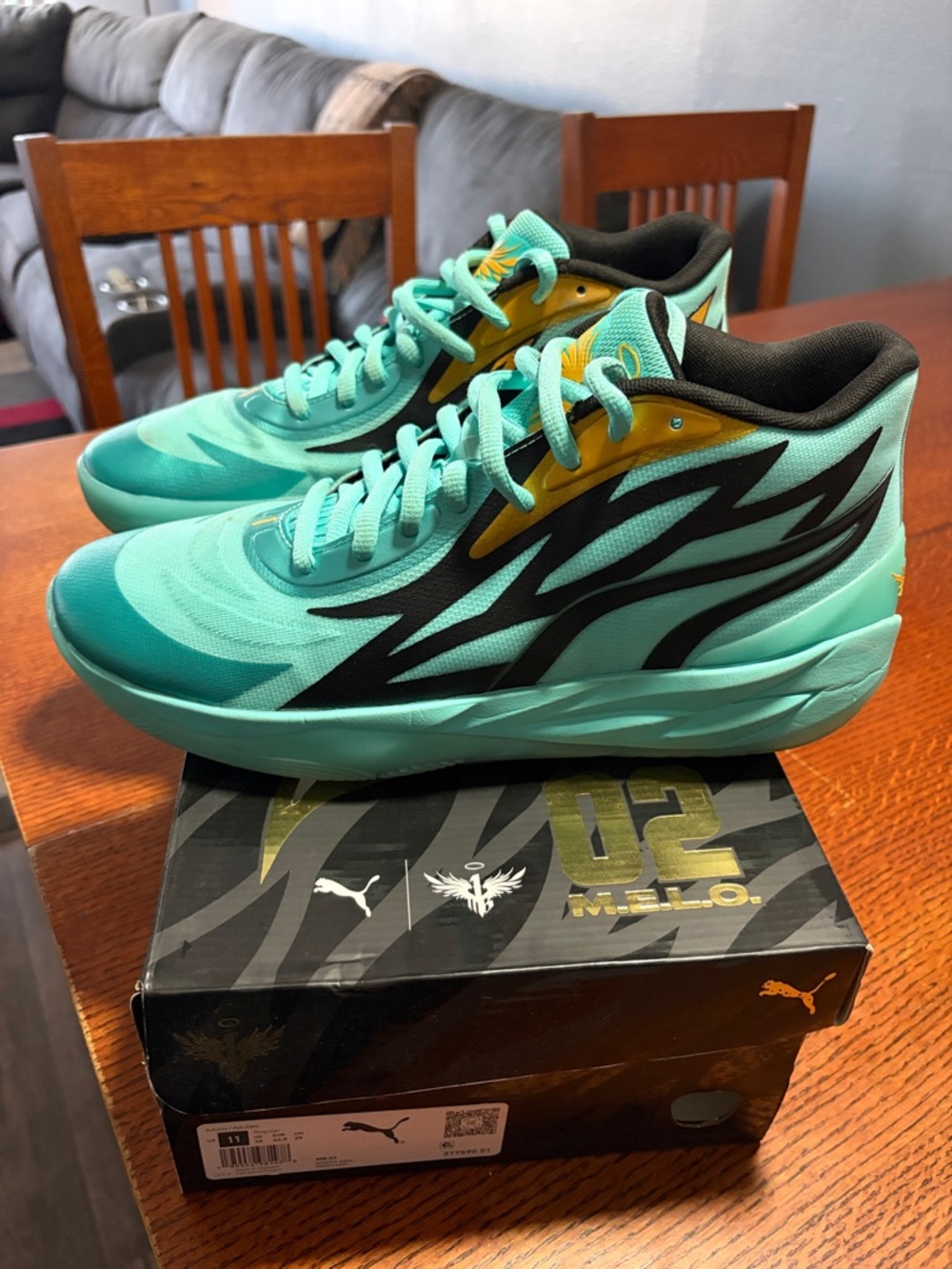 Puma Teal and Black Melo Signature Basketball Shoes with Gold Accents